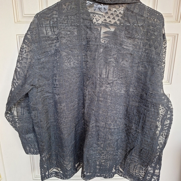 Chico's Design Black Lace Sheer Button Front Shirt Sz3 3/4Sleeves Collar V Neck - Picture 7 of 8